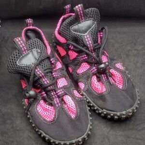 Ladies Size 7 Pink and Black Water Shoes with Rugged Sole and Breathable Mesh